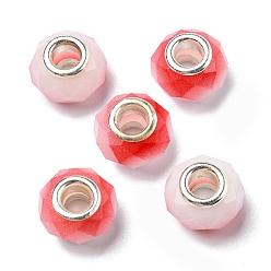 Red Glass European Beads, Large Hole Beads, with Silver Tone Brass Double Cores, Faceted Rondelle, Red, 14x9mm, Hole: 5mm