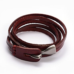 Brown 3-Loop Cowhide Leather Wrap Bracelets, with Alloy Clasps, Brown, 23-5/8x1/4 inch(60x0.8cm)