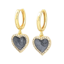 Noir Boucles d'oreilles créoles pendantes en laiton serties de micro-pavés de zirconiums cubiques, cœur, avec l'émail, sans plomb et sans cadmium, crémaillère plaquage, plaqué longue durée, réel 18 k plaqué or, noir, 28x12mm