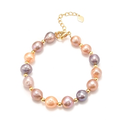 Colorful Natural Pearl Beaded Bracelets, Real 18K Gold Plated, with Brass Beads, Long-Lasting Plated, Colorful, 6-3/4 inch(17.2cm)