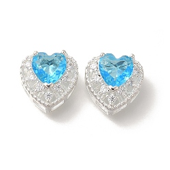 Синий Стойки обшивки латунь микро проложить кубического циркония бусы, со стеклом, долговечный, без свинца и без кадмия, серебряные, сердце, синие, 11x12x7 мм, отверстие : 1.6 мм
