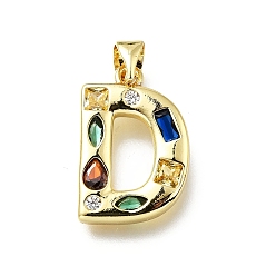 Letter D Латунные микропаве прозрачные подвески с фианитом, с целью перехода в кольце, без свинца и без кадмия, долговечный, стойки покрытие, письмо амулеты, реальный 18 k позолоченный, Буква D, 19~21x9.5~20x2.7 мм, Перейти кольцо: 5x1 мм, 3 mm внутреннего диаметра.