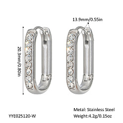 Нержавеющая Сталь Цвет Элегантные овальные серьги-кольца из нержавеющей стали, со стразами, цвет нержавеющей стали, 20.3x13.9 мм