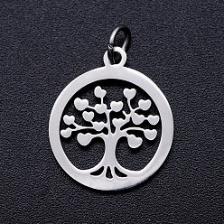 Stainless Steel Color 304 Stainless Steel Pendants, with Unsoldered Jump Rings, Flat Round with Tree of Life, Stainless Steel Color, 19x16x1mm, Jump Ring: 5x1mm, 3mm inner diameter.