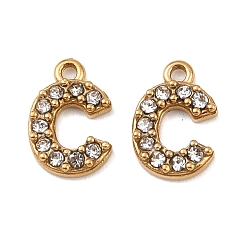 Letter C Ионное покрытие (ip) 304 подвески со стразами из нержавеющей стали, золотые, буква С, 9.5x6.5x2, отверстие : 1 мм
