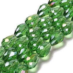 Lime Green Electroplate Glass Beads Strands, AB Color Plated, Faceted Teardrop, Lime Green, 15x10mm, Hole: 1mm, 50pcs/strand, 27.1 inch