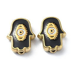 Black Ion Plating(IP) 304 Stainless Steel Enamel Beads, Real 18K Gold Plated, Hamsa Hand with Eye, Black, 9x12x3.5mm, Hole: 1.2mm