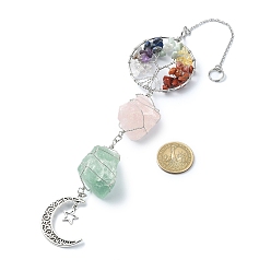 Mixed Stone Wire Wrapped Natural Rose Quartz & Green Aventurine Pouch Pendant Deorations, with Gemstone Chip Tree of Life Link and Alloy Hollow Moon Pendant, 310~325mm