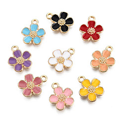 Mixed Color Eco-Friendly Zinc Alloy Pendants, with Enamel, Cadmium Free & Nickel Free & Lead Free, 5- Petal Flower, Light Gold, Mixed Color, 16x13x3mm, Hole: 1.8mm
