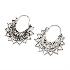 Antique Silver Bohemian Retro Style Alloy Dangle Hoop Earrings, Mandala Earrings, Moon with Heart, Antique Silver, 46mm, Pin: 0.7mm, Flower: 35.5x39x1.5mm