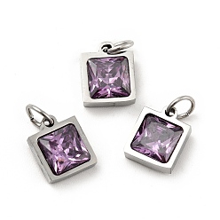 Medium Purple 304 Stainless Steel Pendants, with Cubic Zirconia and Jump Rings, Single Stone Charms, Square, Stainless Steel Color, Medium Purple, 9.5x8x3.5mm, Hole: 3.4mm
