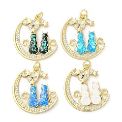 Mixed Color Brass Micro Pave Clear Cubic Zirconia Pendants, with Synthetic Opal, with Jump Ring, Real 18K Gold Plated, Moon with Cat, Mixed Color, 25x23x2mm, Hole: 3.6mm