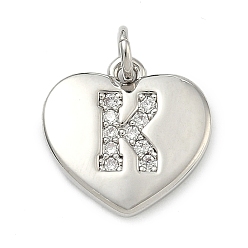 Letter K Латунные микропаве прозрачные подвески с фианитом, сердце прелести, без кадмия и без свинца, стойки покрытие, долговечный, платина, Письмо K, 15x15x2 мм, отверстие : 3 мм