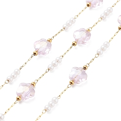 Misty Rose Ion Plating(IP) 304 Stainless Steel Handmade Beaded Chain, with Glass, ABS Imitation Pearl, with Spool, Soldered, Real 18K Gold Plated, Flower, Misty Rose, 8x8x4.5mm, about 16.40 Feet(5m)/Roll