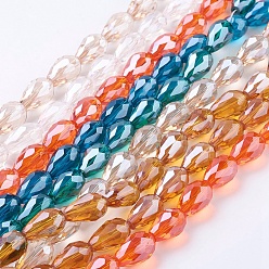 Mixed Color Electroplate Glass Beads Strands, Pearl Luster Plated, Faceted, Drop, Mixed Color, 15x10mm, Hole: 1.5mm, about 44~48pcs/strand, 25.20~28.35 inch