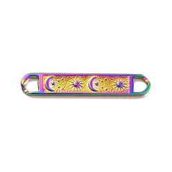 Rainbow Color Ion Plating(IP) 304 Stainless Steel Connector Charms, Rectangle Links with Moon & Star, Rainbow Color, 7x42x3mm, Hole: 4x5mm