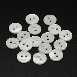 White 2-Hole Shell Flat Round Buttons, White, 10x2mm, Hole: 1.5mm, about 720pcs/bag