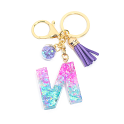 Letter N Resin Keychains, Tassel Keychain, Glass Ball Keychain, with Light Gold Tone Plated Iron Findings, Alphabet, Letter.N, 11.2x1.2~5.7cm
