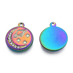 Rainbow Color 304 Stainless Steel Pendants, with Crystal Rhinestone, Flat Round with Moon & Planet, Rainbow Color, 16.5x14x2mm, Hole: 1.4mm