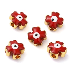Dark Red Golden Tone Brass Enamel Beads, Cadmium Free & Lead Free, Long-Lasting Plated, Cross with Evil Eye, Dark Red, 8x8x6mm, Hole: 1.8mm