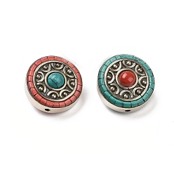 Couleur Mélangete Perles de style à la main tibétains, avec des résultats en laiton et turquoise synthétique, plat rond, argent antique, couleur mixte, 20x11.5~12mm, Trou: 1.6mm