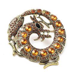 Gold Dragon Rhinestone Brooch Pins, Alloy Badge for Unisex, Antique Golden, Gold, 63x56.5x15mm