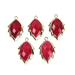 Нефрит Подвески из окрашенного натурального нефрита в форме листа, стойки обшивки латунные прелести, золотые, красные, 23x13.5x5.5 мм, отверстие : 1.2 мм
