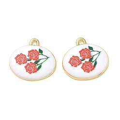 Red Printed Brass Pendants, Oval with Flower Charms, Rack Plating, Long-Lasting Plated, Lead Free & Cadmium Free, Real 18K Gold Plated, Red, 19x19.5x3.5mm, Hole: 2mm