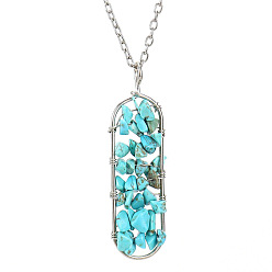 Synthetic Turquoise Synthetic Turquoise Chips Beaded Oval Pendant Necklaces, with Cable Chains, 20.87 inch(53cm)