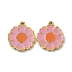 Pink Ion Plating(IP) 316L Surgical Stainless Steel Pendants, with Enamel, Real 18K Gold Plated, Flower Charm, Pink, 14x12x1.5mm, Hole: 1.2mm