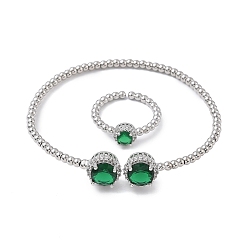 Темно-Зеленый Круглые латунные браслеты-манжеты и кольца с микропаве из кубического циркония для женщин, стойки покрытие, платина, темно-зеленый, браслет: 3~10.5ширина мм, внутренний диаметр: 50x57 мм