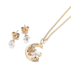 Golden 304 Stainless Steel Rhinestone Jewelry Sets, Moon with Flower Pendant Necklaces and Stud Earrings, Cable Chains, Lobster Claw Clasps and Ear Nuts, Crystal, Golden, 18.11 inch(46cm), 15x5.5mm, Pin: 0.7mm