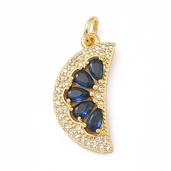 Marine Blue Rack Plating Brass Micro Pave Cubic Zirconia Pendants, with Jump Ring, Cadmium Free & Lead Free, Long-Lasting Plated, Golden, Moon, Marine Blue, 25x12x3.5mm, Hole: 3.5mm, Jump Ring: 6x1mm, 3.5mm Inner Diameter