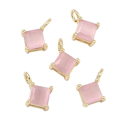 Pink Подвески из латунной кошки, плоский ромбный шарм, долговечный, стойки покрытие, без свинца и без кадмия, реальный 18 k позолоченный, розовые, 11x8x4 мм, отверстие : 2 мм
