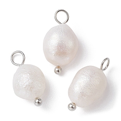 Platinum Natural Pearl Potato Charms, with Brass Loops, Platinum, 13~15x6~8x6mm, Hole: 2.8mm, 3pcs/set