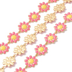 Hot Pink 304 Stainless Steel Daisy Flower Link Chains with Enamel, Unwelded, Golden, Hot Pink, 14x10x1mm