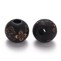 Black Painted Natural Wood Beads, Laser Engraved Pattern, Round with Flower Pattern, Black, 10x9mm, Hole: 3mm