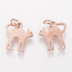 Rose Gold 201 Stainless Steel Kitten Pendants, Stretch Cat Shape, Rose Gold, 12x12x1mm, Hole: 3mm