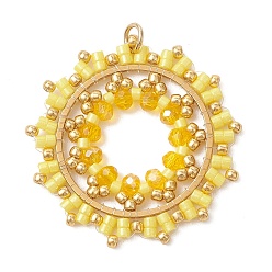 Желтый Бисер и подвески из стеклянных бусин, цветочный шарм, с 304 кольцами из нержавеющей стали, граненые, желтые, 34~35x34~35 х ~ 3.53 mm, отверстие : 3.5 мм