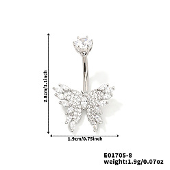 Платина Элегантные латунные хрустальные стразы бабочка изогнутые кольца для пупка штанга, платина, 28x19 мм