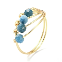 Apatite Natural Apatite Copper Round Beaded Finger Ring, Light Gold Copper Wire Wrapped Vortex Ring, US Size 8 1/2(18.5mm)