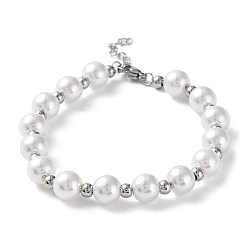 Stainless Steel Color Plastic Pearl Round Beaded Bracelet, with 304 Stainless Steel Clasp, Stainless Steel Color, 7-1/8 inch(18cm)