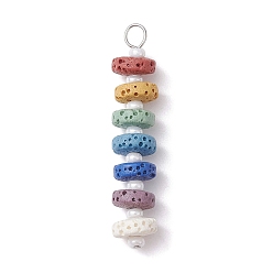 Lava Rock Chakra Natural Lava Rock Dyed Beaded Pendants, with White Glass Seed Beads, Disc Charms, Platinum, 43x8mm, Hole: 2.5mm