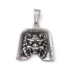 Antique Silver 304 Stainless Steel Pendants, Trapezoid with Kylin Pattern Charms, Antique Silver, 30x28x5mm, Hole: 4.5x9mm
