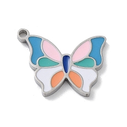 Stainless Steel Color 304 Stainless Steel Pendants, with Enamel, Butterfly Charm, Stainless Steel Color, 13x16x1.5mm, Hole: 1.4mm