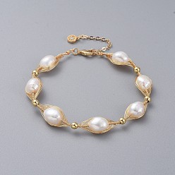 Golden Natural Pearl Beaded Bracelets, with Copper Wire, Brass Cubic Zirconia Pendants, Brass Beads, Cable Chains and Lobster Claw Clasps, with Cardboard Packing Box, Golden, 7-7/8 inch(20cm)