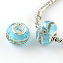 Light Sky Blue Rondelle Handmade Gold Sand Lampwork European Large Hole Beads, with Silver Color Plated Brass Cores, Light Sky Blue, 14x9~10mm, Hole: 5mm