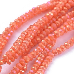 Coral Electroplate Glass Beads Strands, Full Rainbow Plated, Faceted, Rondelle, Coral, 2.5x1mm, Hole: 0.5mm, about 185~190pcs/strand, 13 inch(33cm)