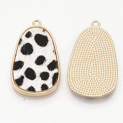 White Eco-Friendly Cowhide Leather Pendants, with Golden Plated Alloy Cabochon Settings, teardrop, with Spot Pattern, White, 35x21x2~3mm, Hole: 1.8mm