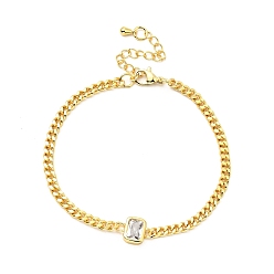 Clear Cubic Zirconia Rectangle Link Bracelet with Curb Chains, Gold Plated Brass Jewelry for Women, Lead Free & Cadmium Free, Clear, 7-1/8 inch(18.2cm)